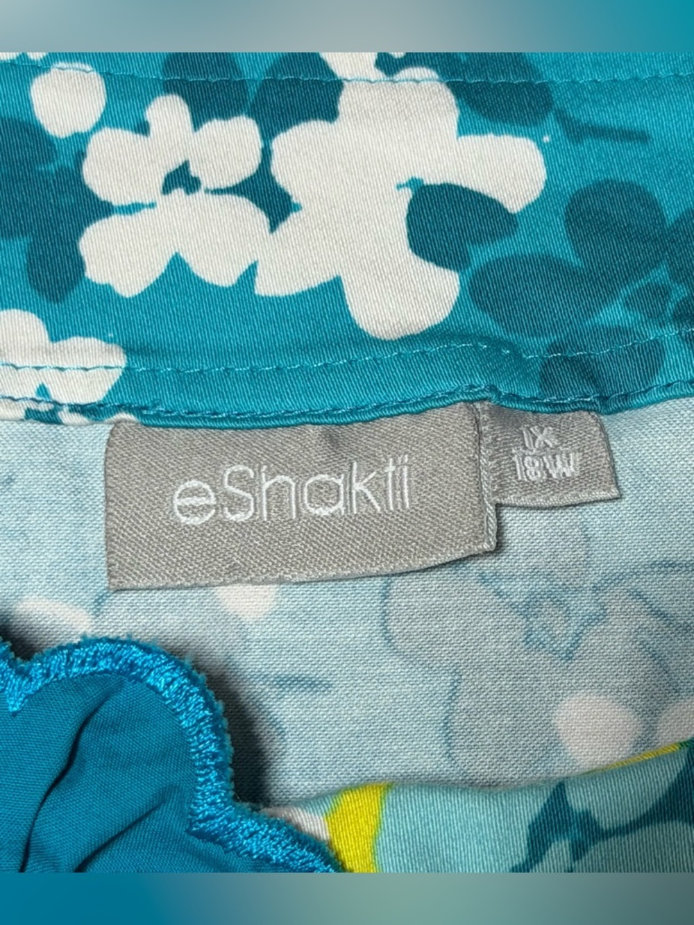 eshakti Teal Floral Puff Sleeve Dress w/Pockets & Fabric Flowers at Neckline 1X - Picture 3 of 12